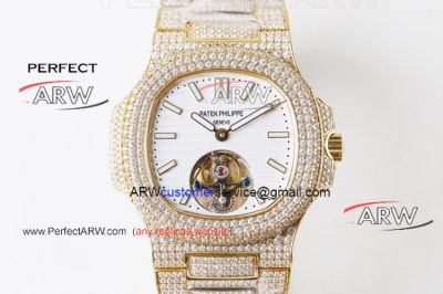 Perfect Replica PE Factory Patek Philippe Nautilus Iced Out Yellow Gold Tourbillon Watch
